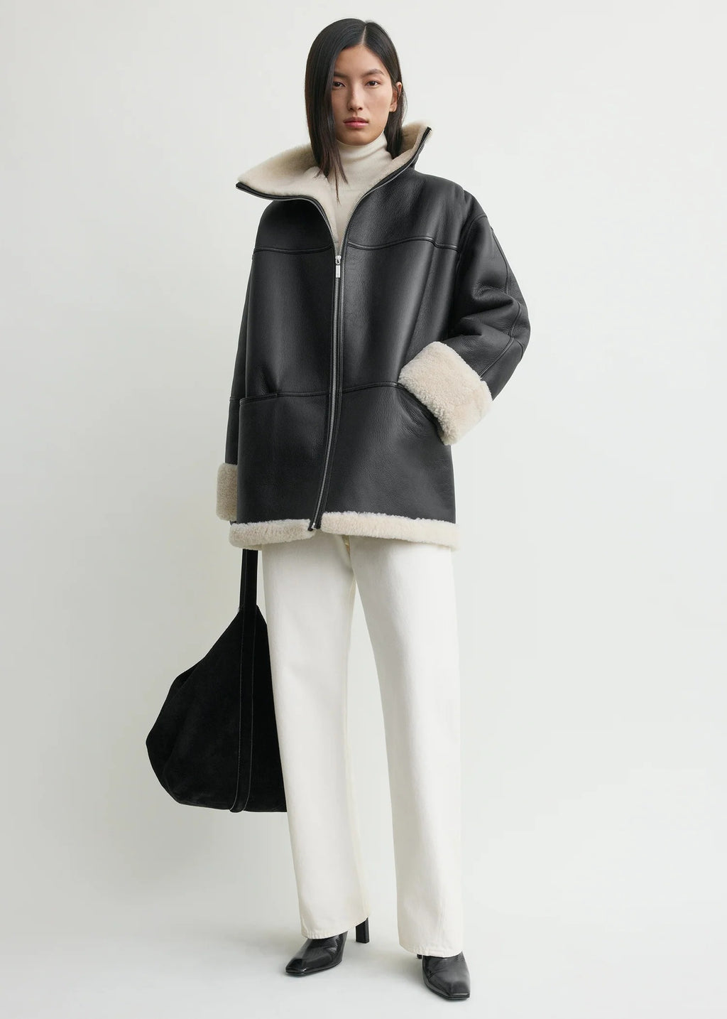 Women's Signature Shearling Jacket — Black Oversized Sheepskin Coat