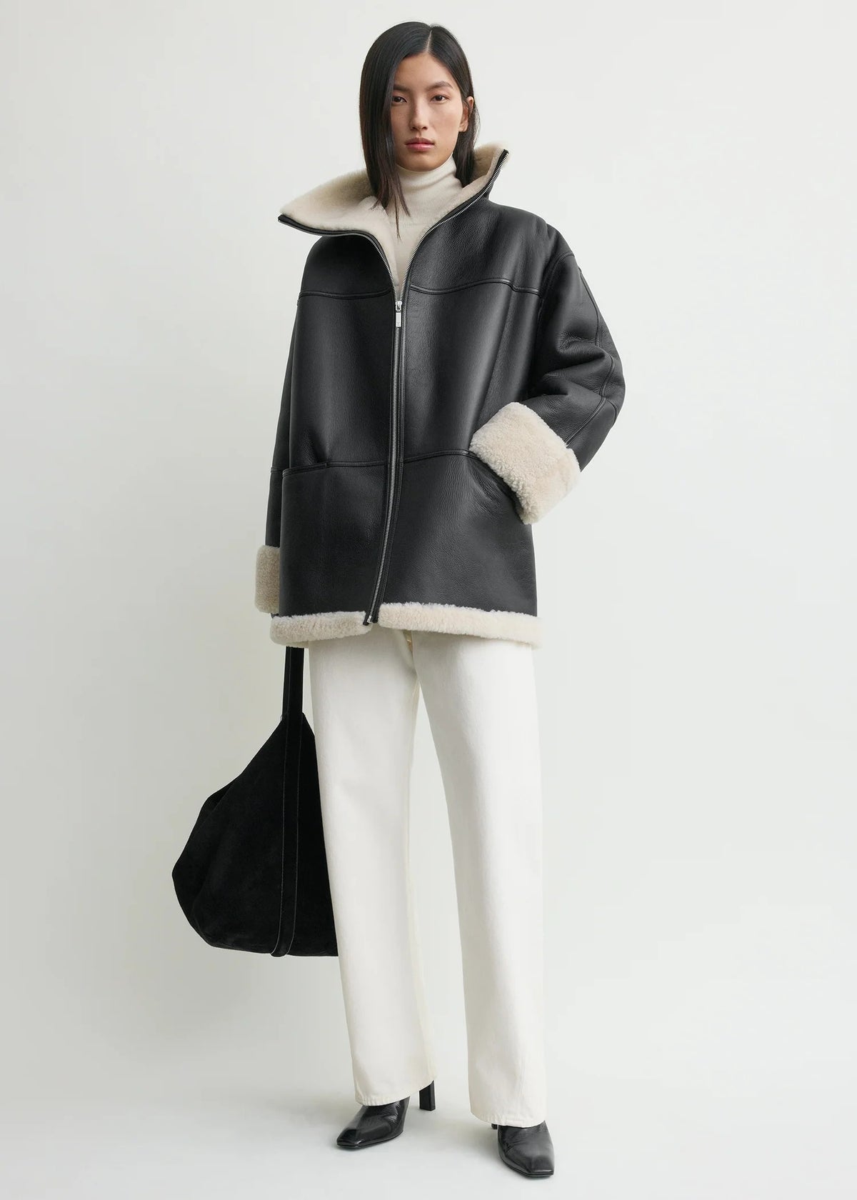 Women's Signature Shearling Jacket — Black Oversized Sheepskin Coat