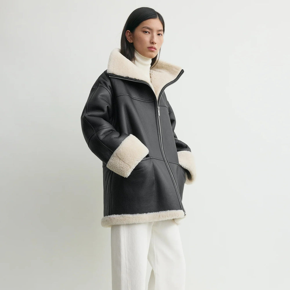 Women's Signature Shearling Jacket — White Oversized Sheepskin Coat