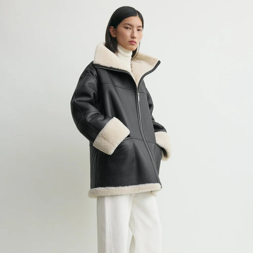 Women's Signature Shearling Jacket — White Oversized Sheepskin Coat