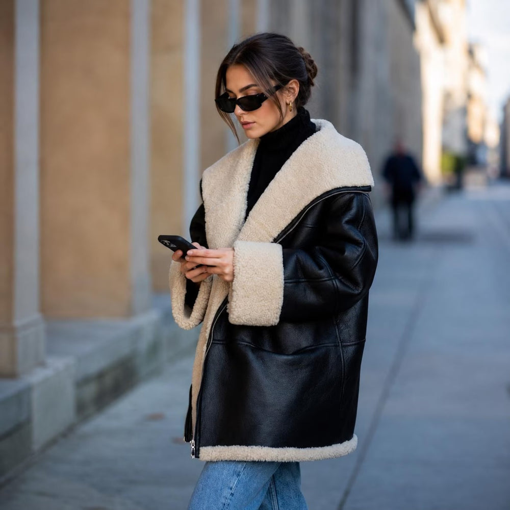 Women's Signature Shearling Jacket — White Oversized Sheepskin Coat