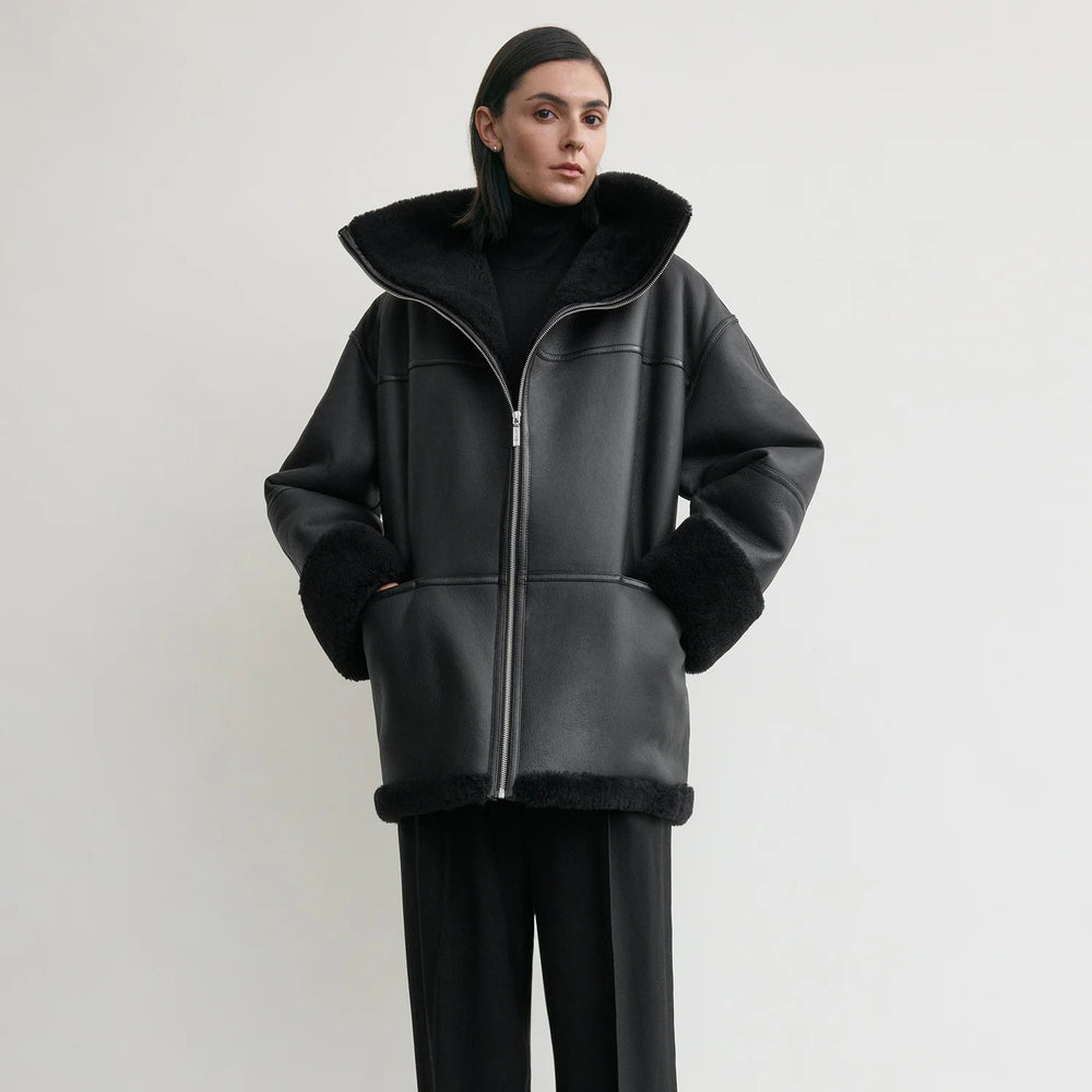 Women's Signature Shearling Jacket — Black Oversized Sheepskin Coat