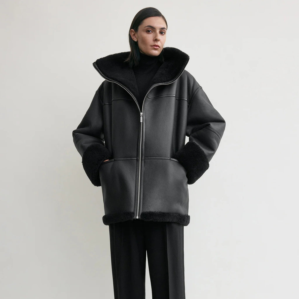 Women's Signature Shearling Jacket — Black Oversized Sheepskin Coat