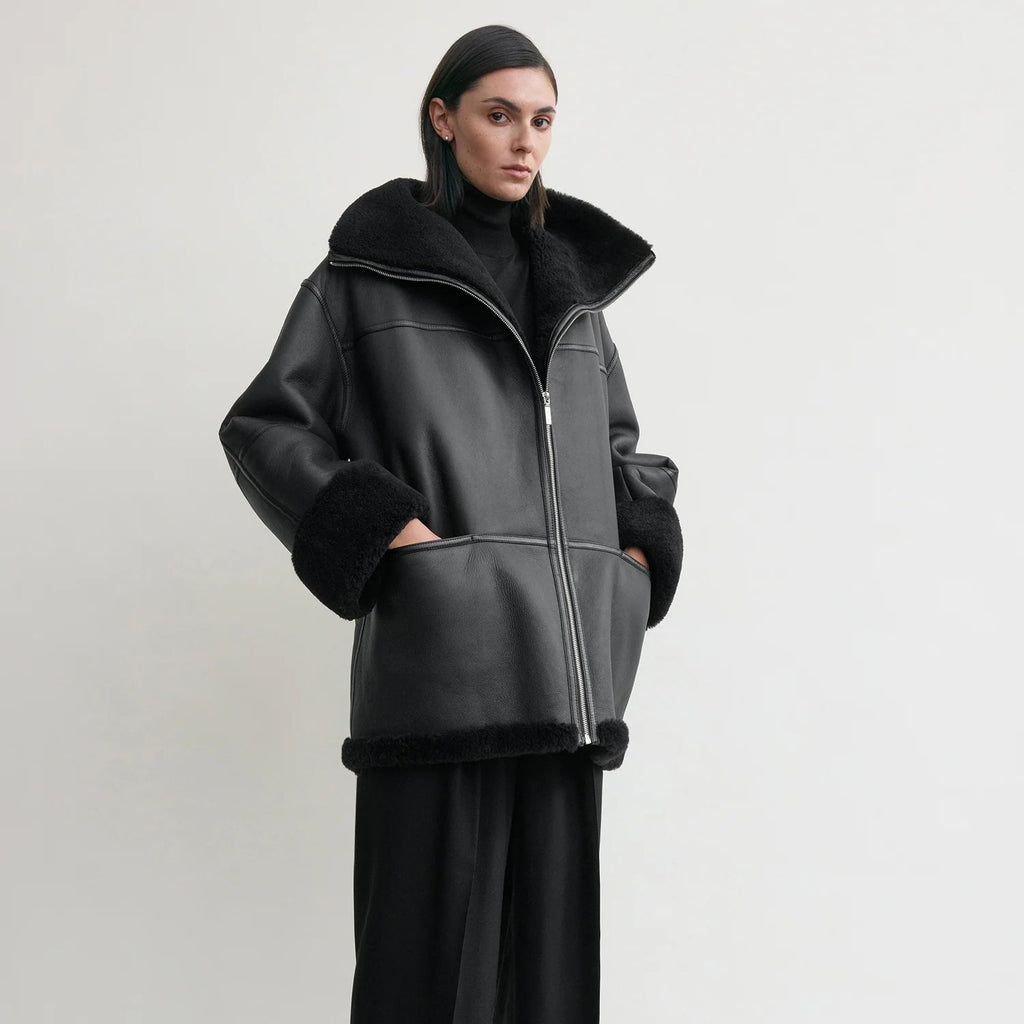 Women's Signature Shearling Jacket — Black Oversized Sheepskin Coat