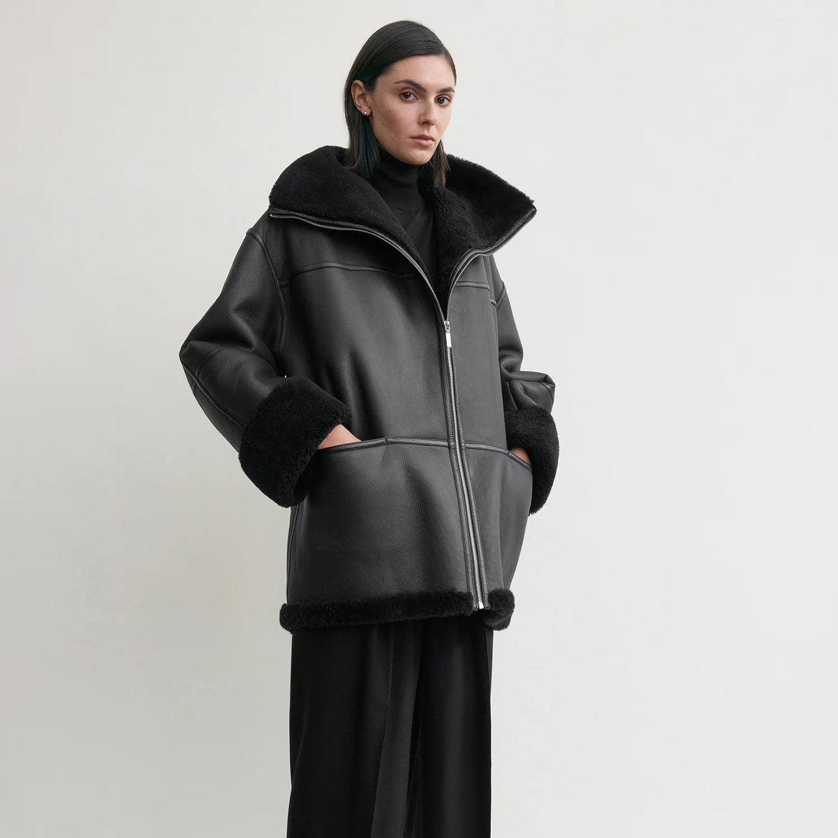 Women's Signature Shearling Jacket — Black Oversized Sheepskin Coat