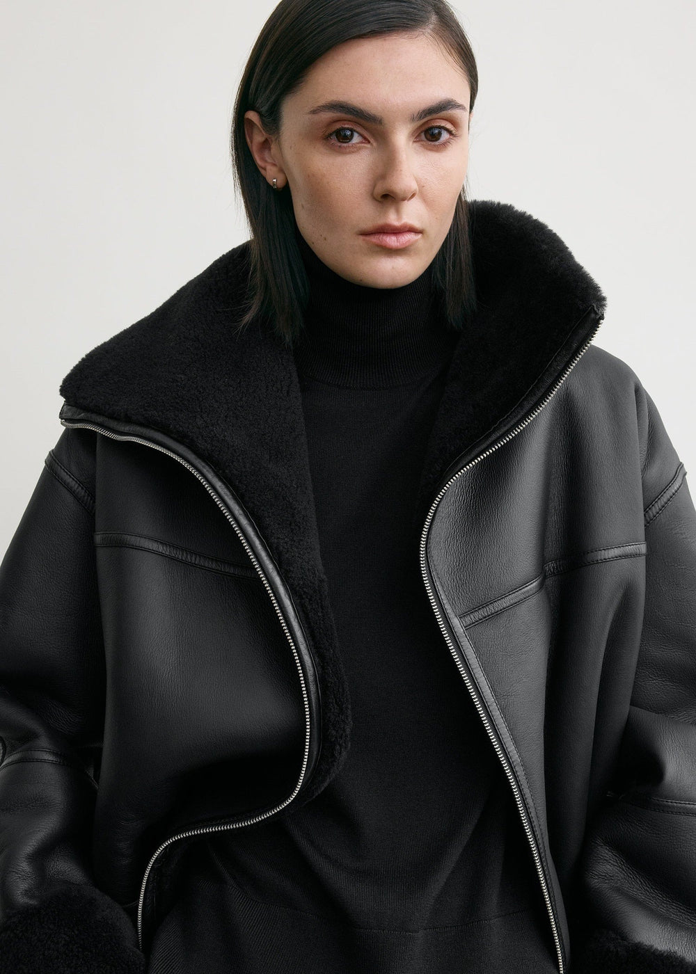 Women's Signature Shearling Jacket — Black Oversized Sheepskin Coat