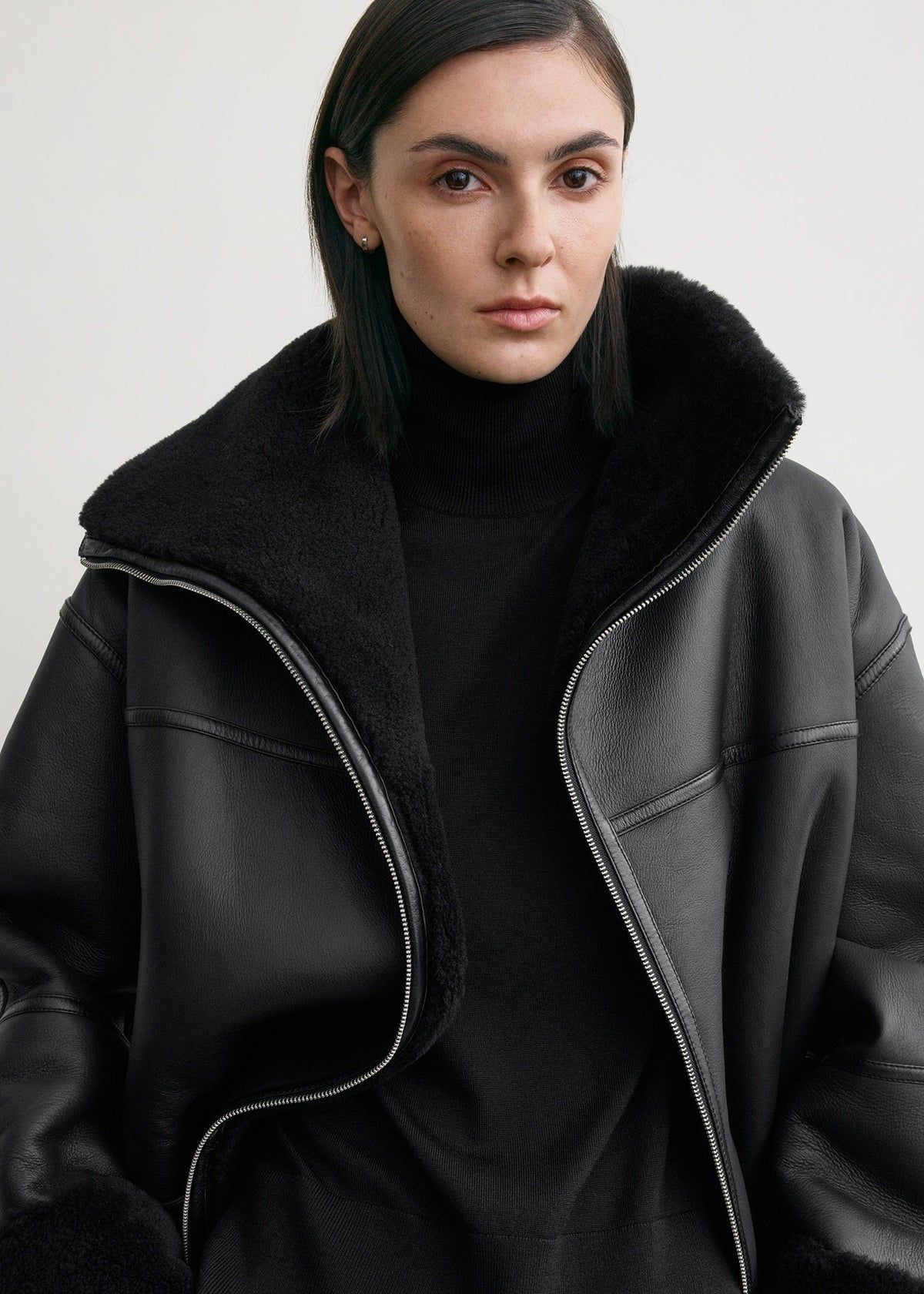 Women's Signature Shearling Jacket — Black Oversized Sheepskin Coat