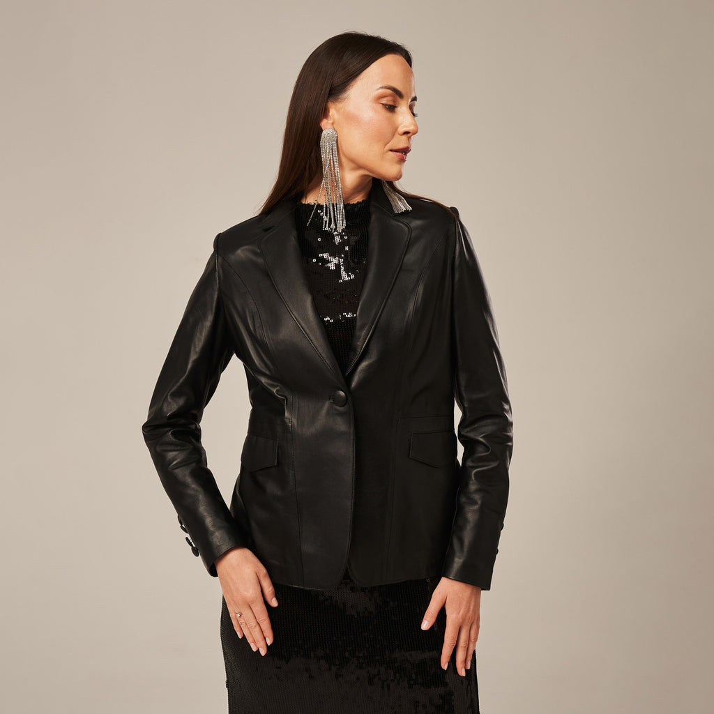 Women's Single-Button Fitted Leather Blazer Jacket