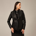 Women's Single-Button Fitted Leather Blazer Jacket