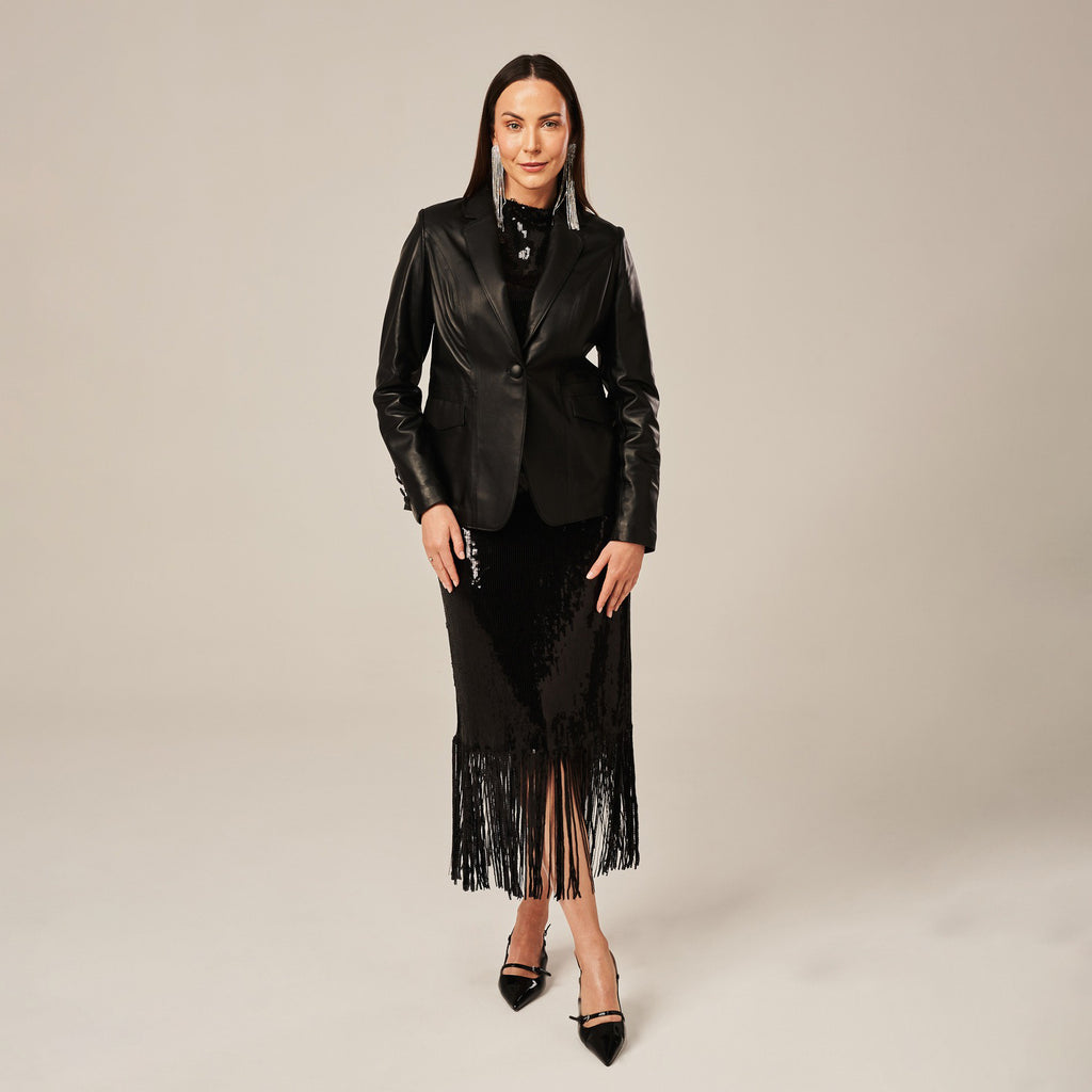 Women's Single-Button Fitted Leather Blazer Jacket
