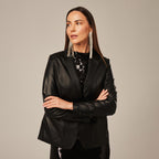 Women's Single-Button Fitted Leather Blazer Jacket