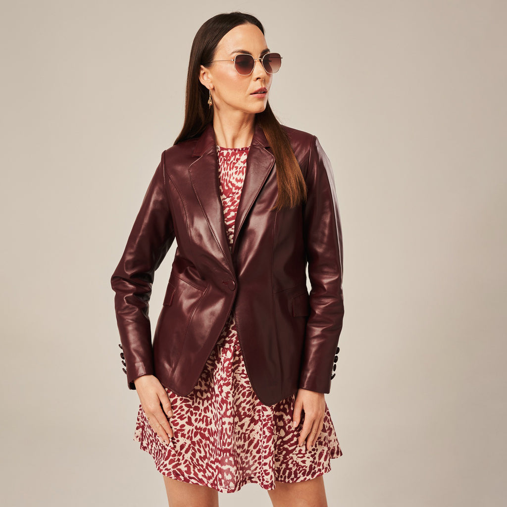 Women's Single-Button Tailored Leather Blazer Jacket