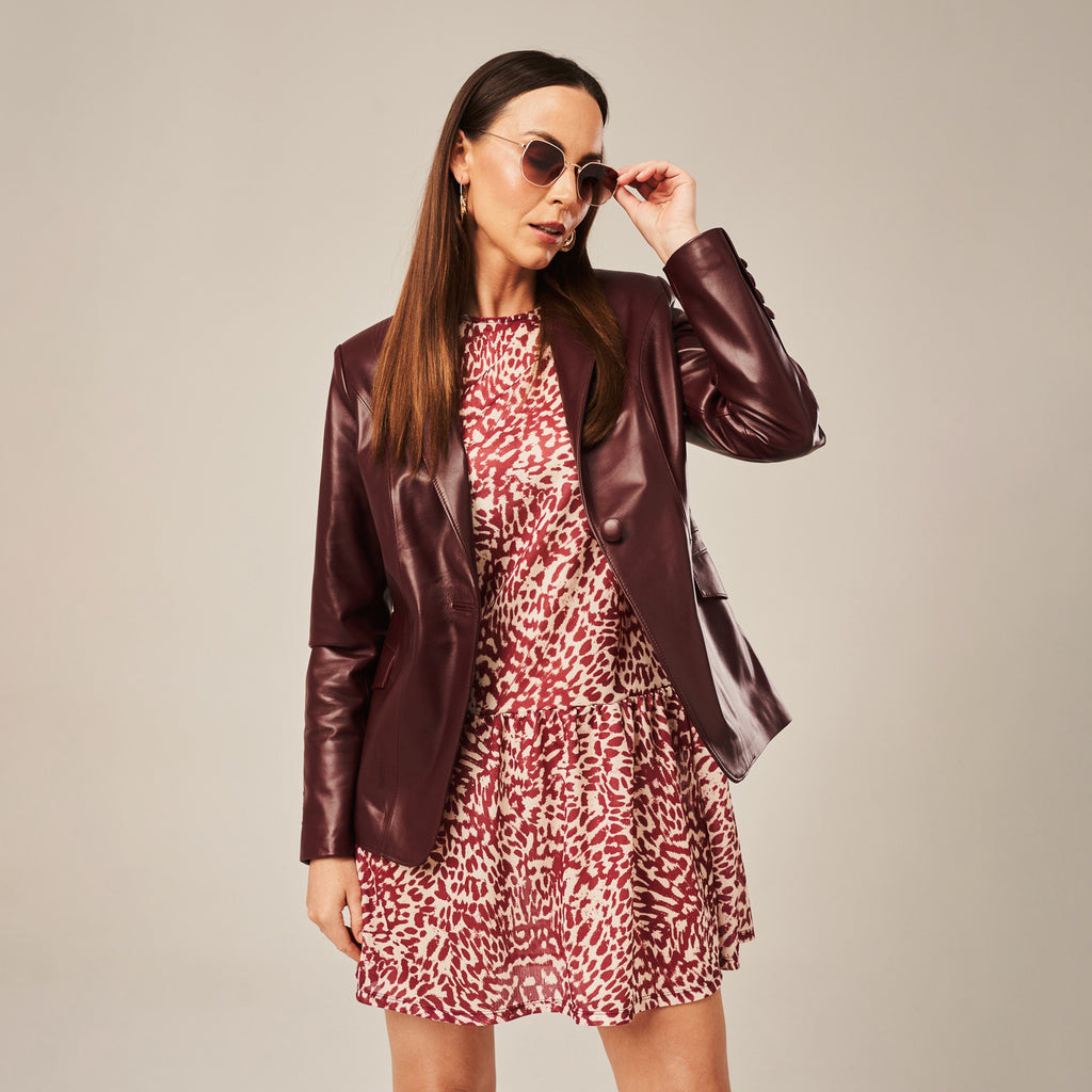 Women's Single-Button Tailored Leather Blazer Jacket