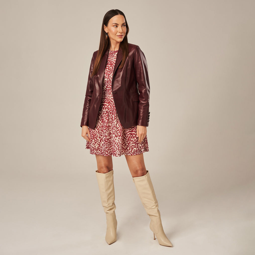 Women's Single-Button Tailored Leather Blazer Jacket