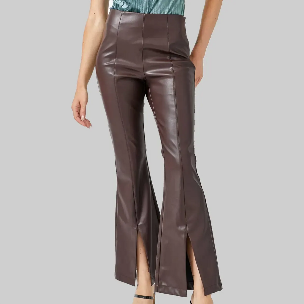 Women's Split Hem Leather Flare Pants