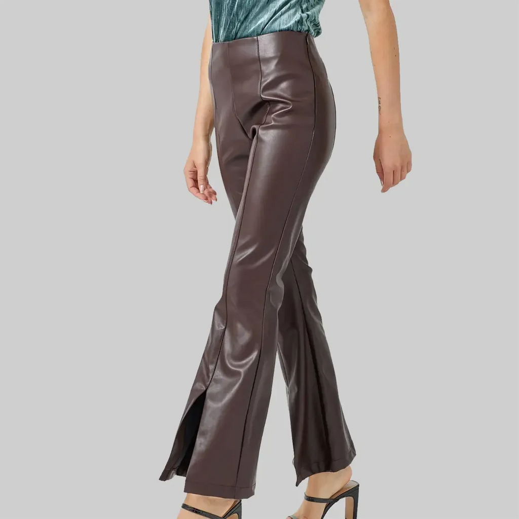 Women's Split Hem Leather Flare Pants
