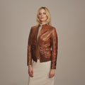 Women's Tailored Band Collar Café Racer Leather Jacket