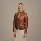 Women's Tailored Band Collar Café Racer Leather Jacket