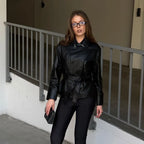 Women's Tailored Belted Double-Breasted Leather Jacket