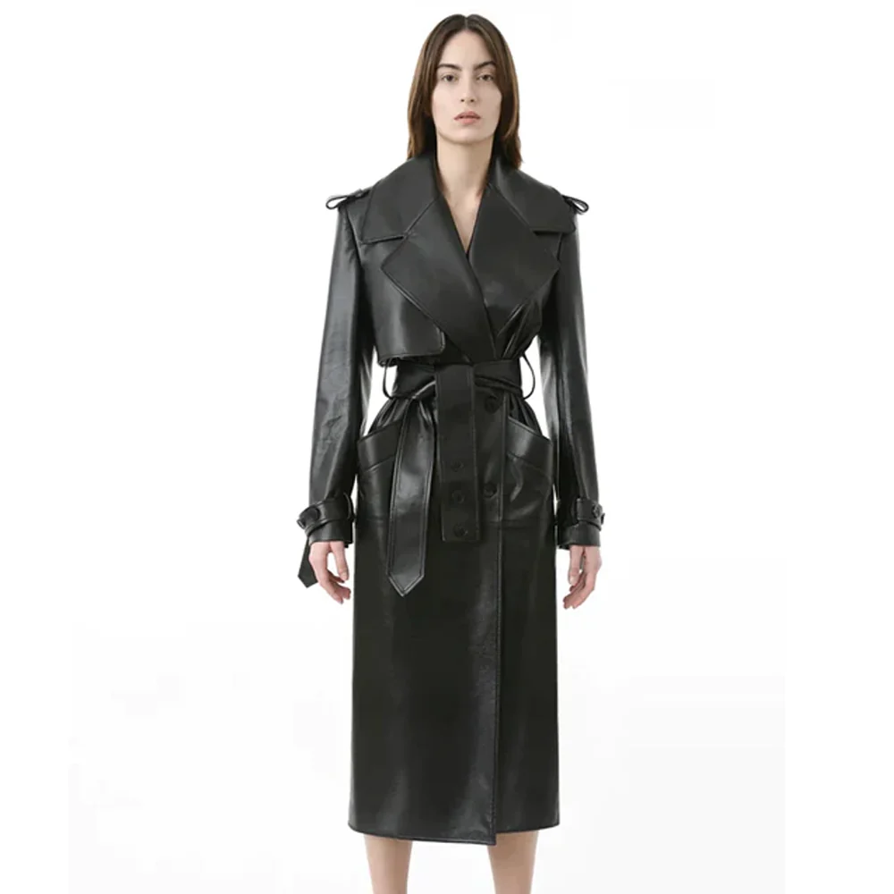 Women's Tailored Double-Breasted Leather Trench Coat