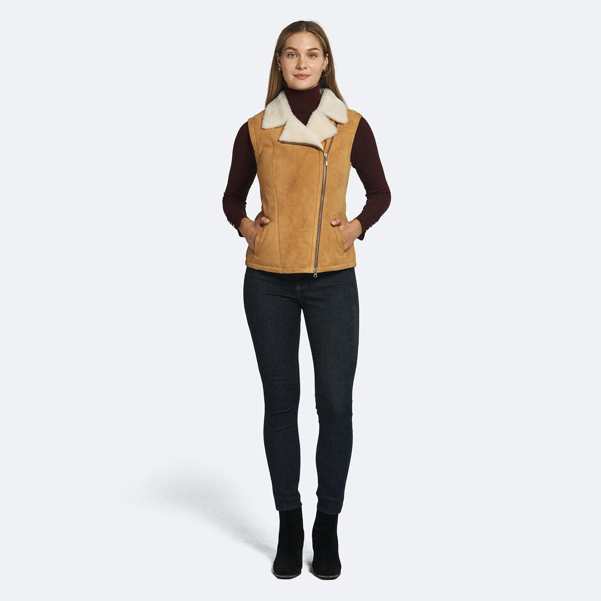 Women's Tan Suede Shearling Biker Vest