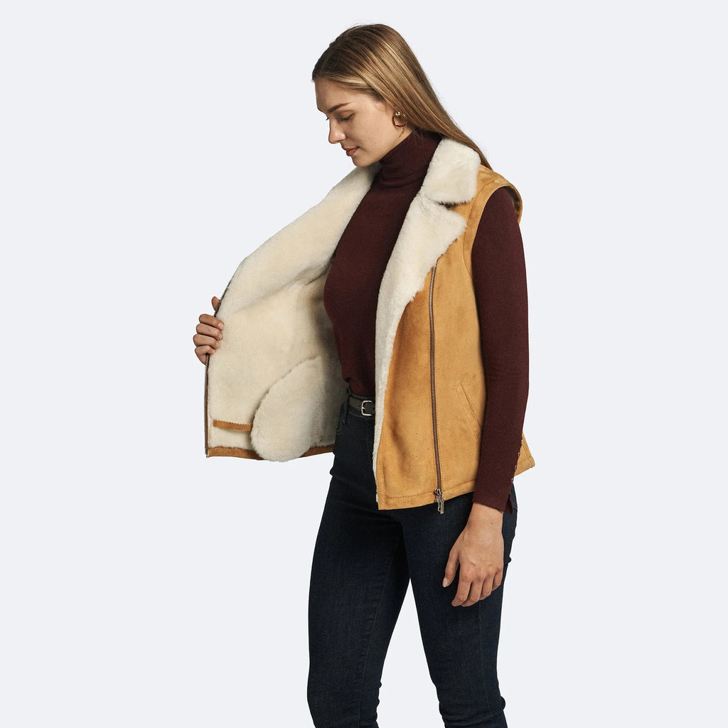 Women's Tan Suede Shearling Biker Vest