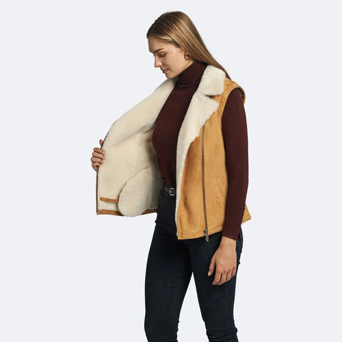 Women's Tan Suede Shearling Biker Vest