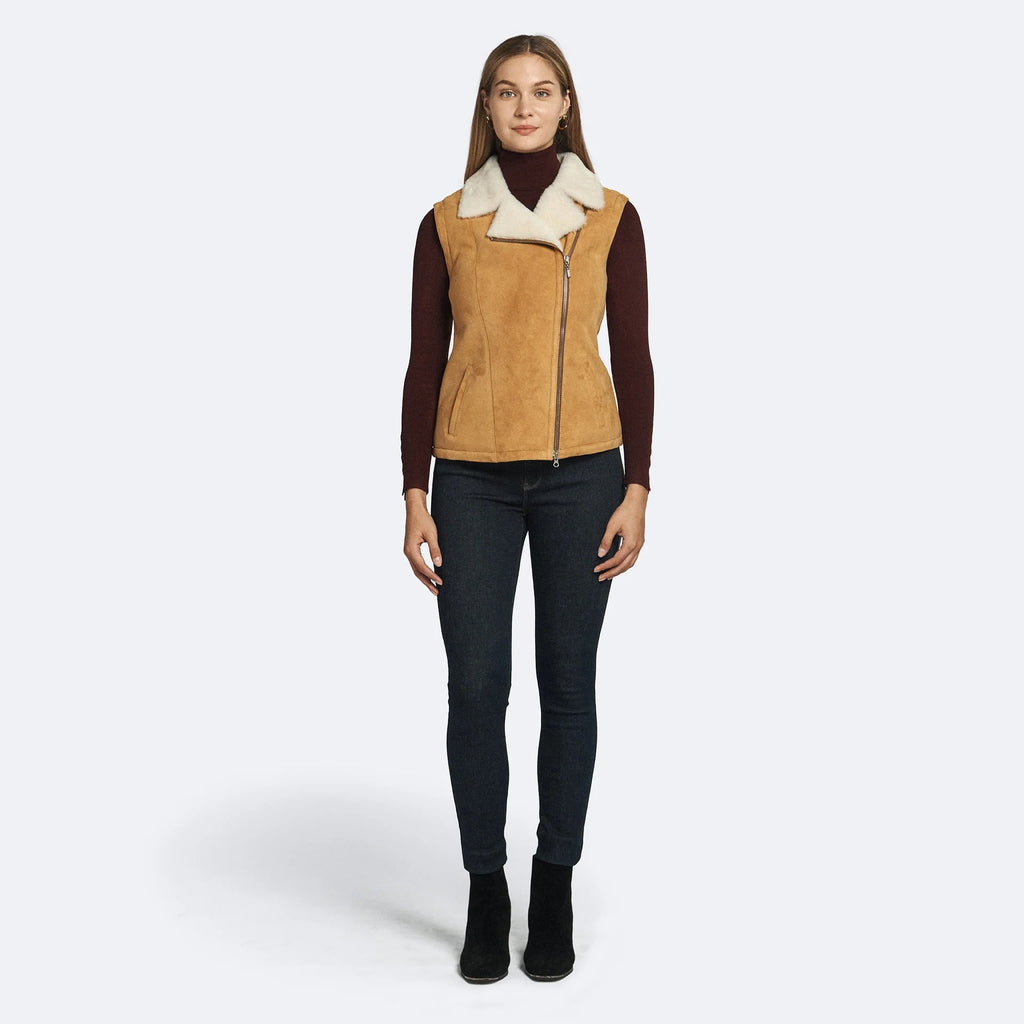 Women's Tan Suede Shearling Biker Vest