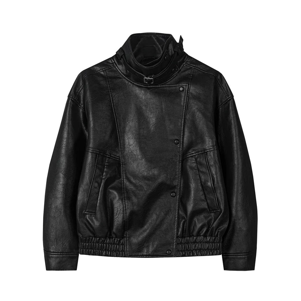 Women's Throat Latch Funnel-Neck Leather Blouson Jacket