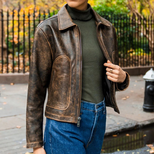 Women's Vintage Distressed Brown Lambskin Biker Jacket