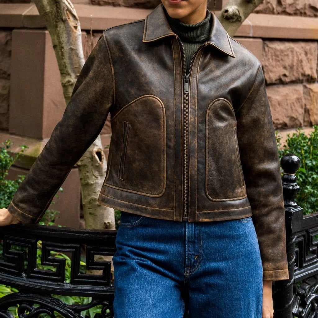 Women's Vintage Distressed Brown Lambskin Biker Jacket
