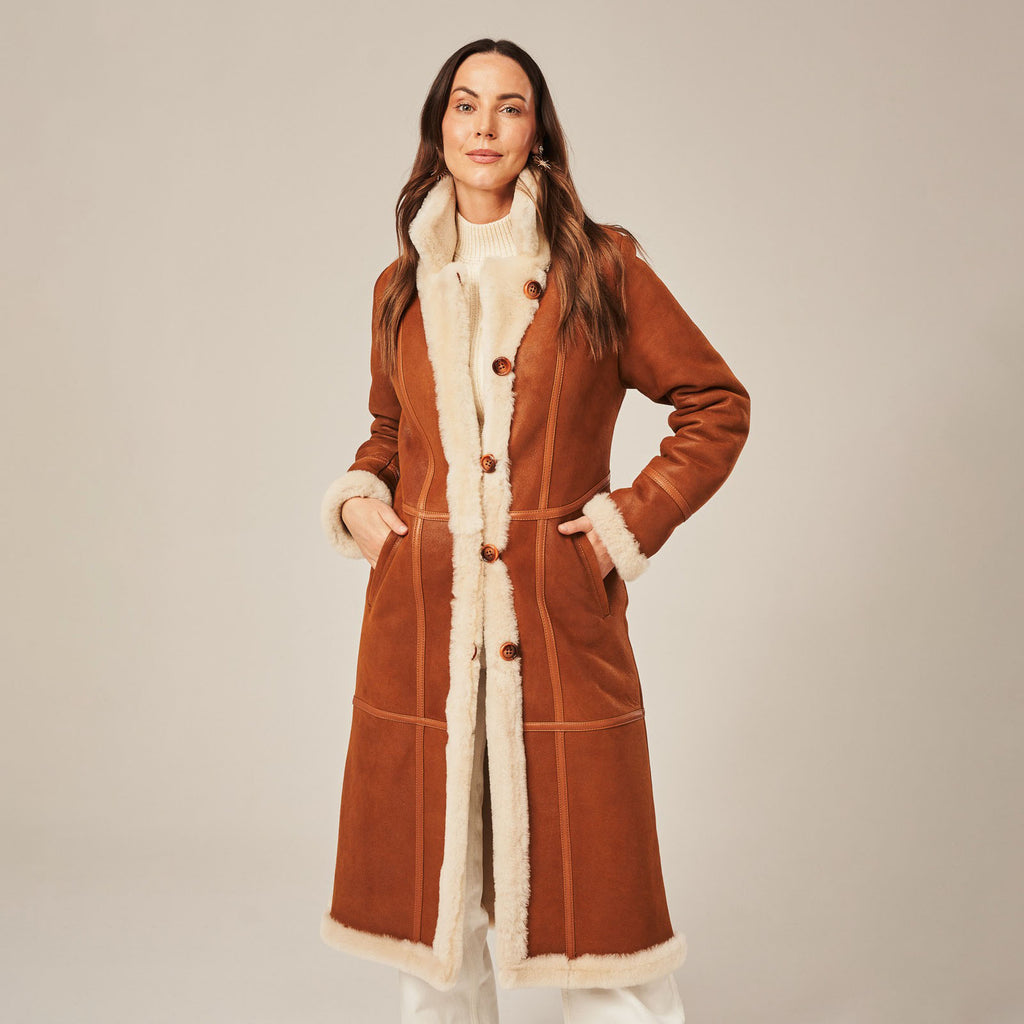 Women's Long Tailored Shearling-Lined Suede Coat