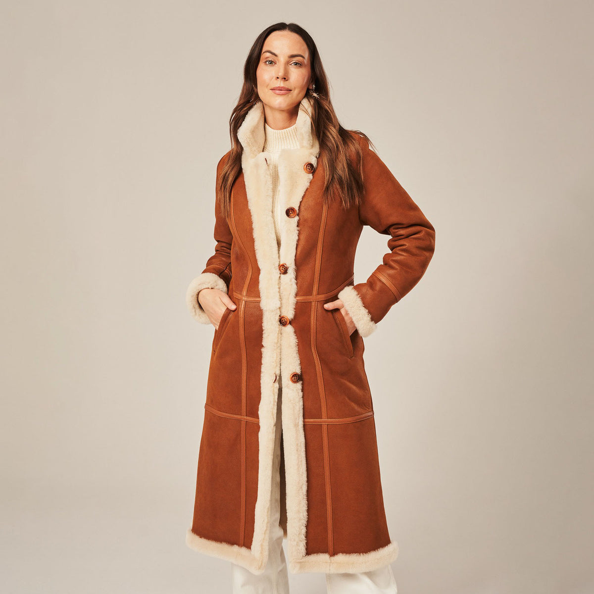 Women's Long Tailored Shearling-Lined Suede Coat
