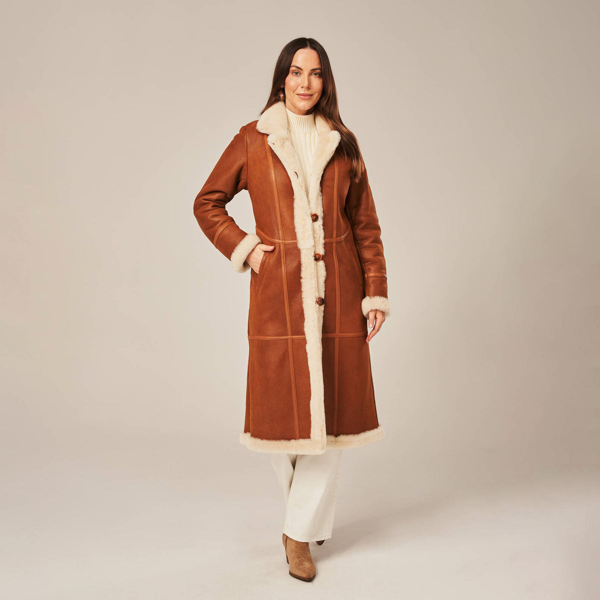 Women's Long Tailored Shearling-Lined Suede Coat