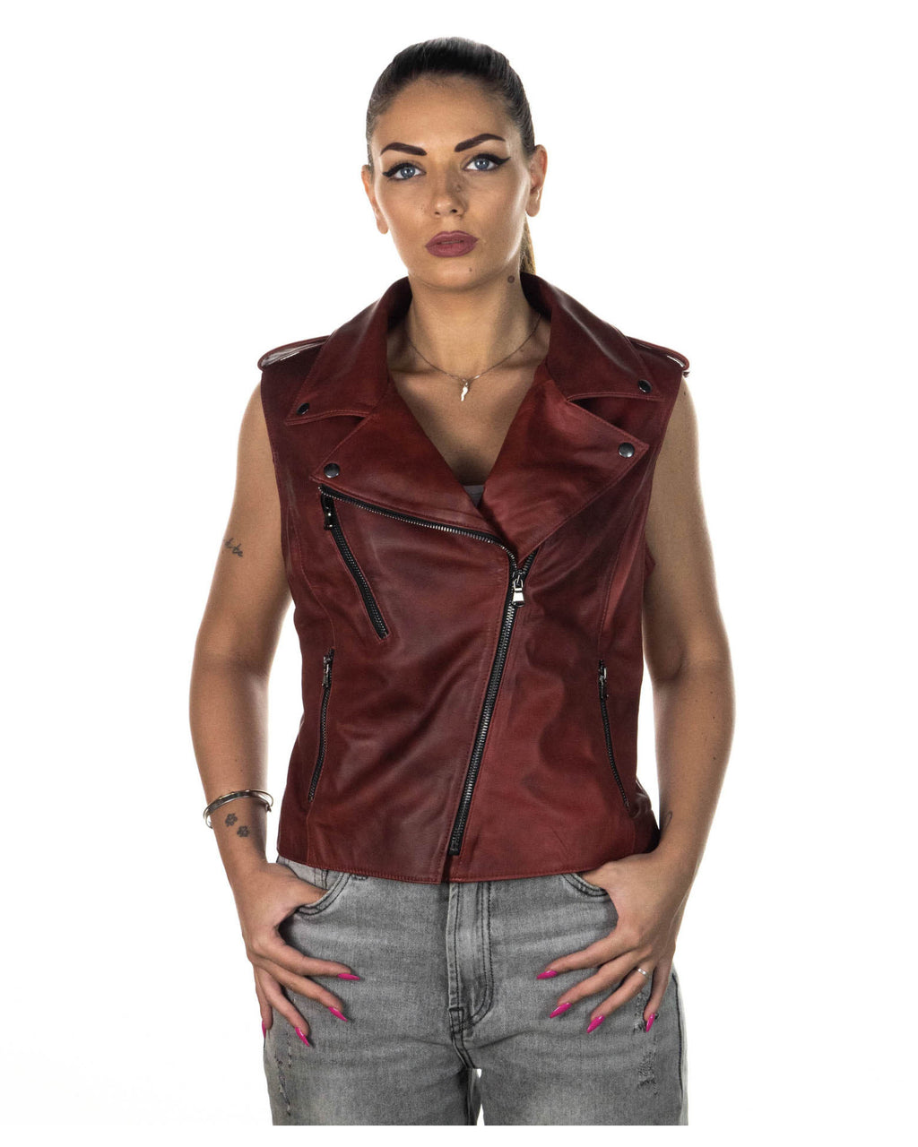 Women's Bordeaux Leather Biker Vest