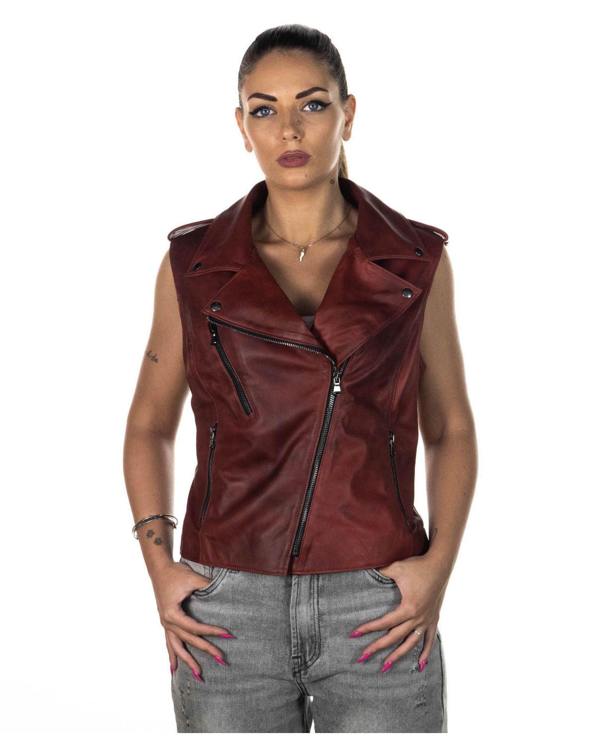 Women's Bordeaux Leather Biker Vest