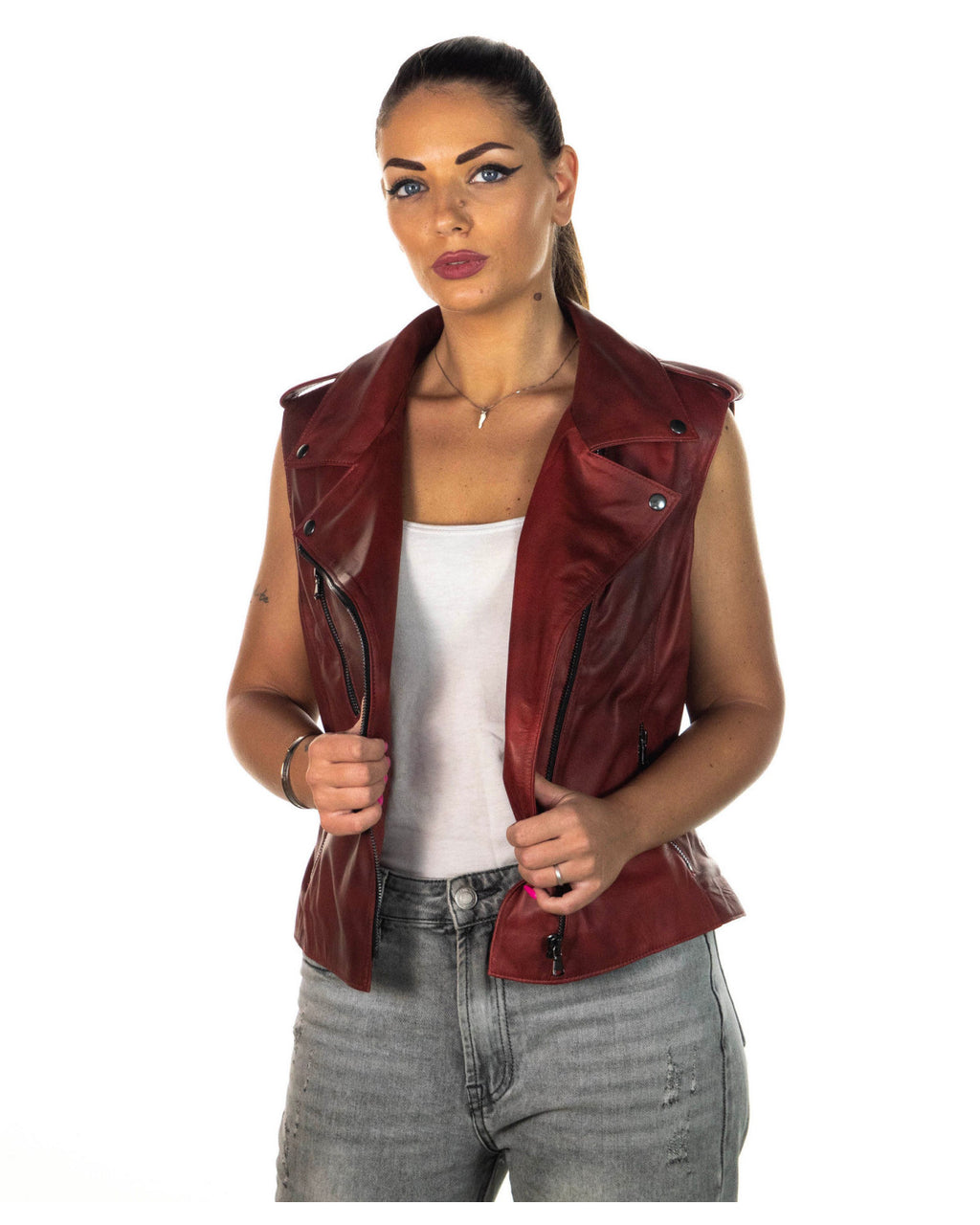 Women's Bordeaux Leather Biker Vest