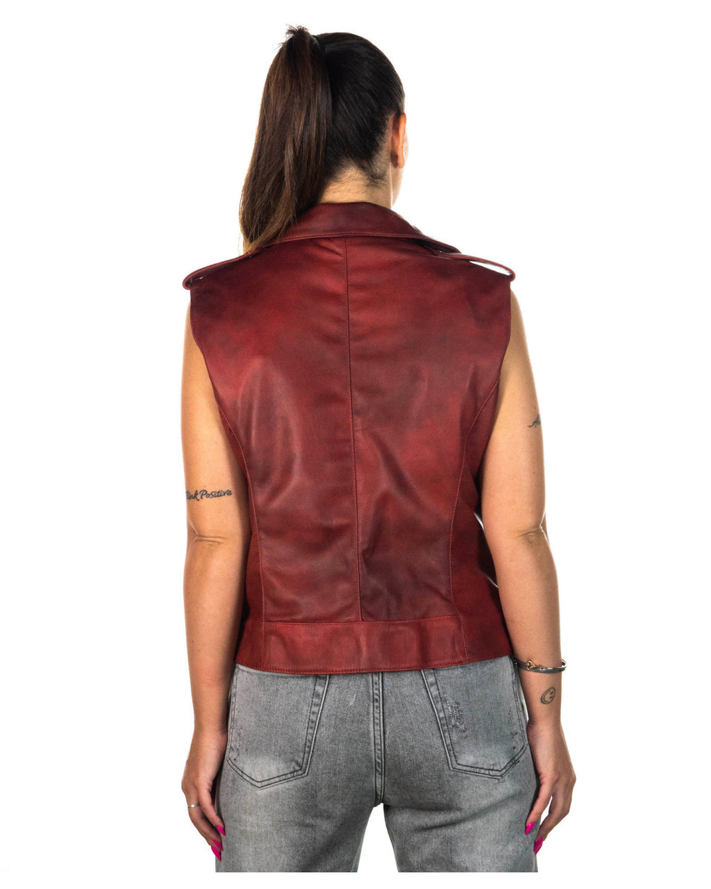 Women's Bordeaux Leather Biker Vest